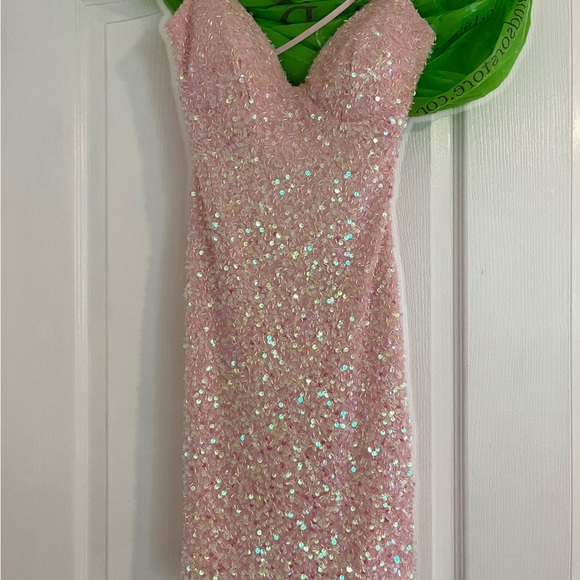 Double Straps Pink Sequin Bodycon Mini Dress HOCO - Picture 1 of 3
